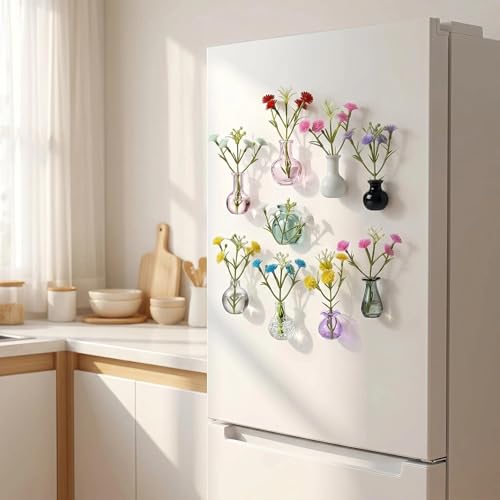 10-Pack Magnetic Mini Bud Vases for Fridge, Strong Magnet Glass Propagation Vases with Faux Flowers, Cute Tiny Vase Magnets for Whiteboard Office Decor, Gift Set for Mom Teachers Coworkers