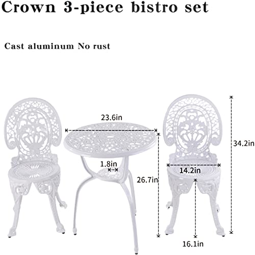 KAILI Patio Bistro Sets 3 Piece cast Aluminum Patio Furniture Outdoor Garden Metal Rust Proof Tables and Chairs White bisrto Set (Crown-White) - style: crown-white