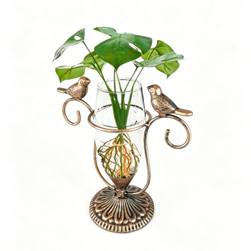 Desktop Glass Propagation Vases, Plant Terrarium with Metal Stand | Unique gardening gifts for plants lovers, office room kitchen decor for hydroponic plant - color: Golden Bird, size: 7.1"×6.6"