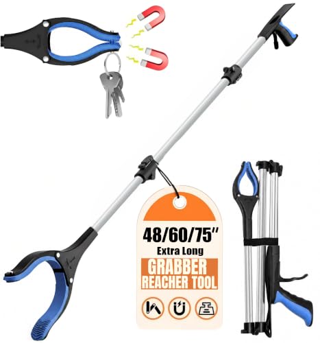 60Inch Extra Long Grabber Reacher Tool, LEGENDONE Easy Foldable Reacher Grabber, Dual Magnetic Tip Pickup Tool Trash Picker, Strong Grip Aid for Upper Shelves, Elderly, Surgery Recovery Must Have - color: 60"siliverblue