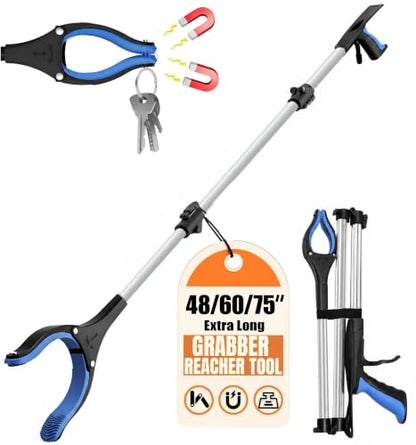60Inch Extra Long Grabber Reacher Tool, LEGENDONE Easy Foldable Reacher Grabber, Dual Magnetic Tip Pickup Tool Trash Picker, Strong Grip Aid for Upper Shelves, Elderly, Surgery Recovery Must Have - color: 60"siliverblue