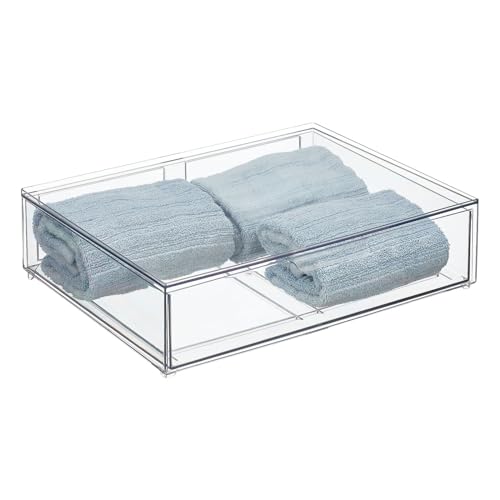 mDesign Wide Plastic Stackable Bathroom Storage Organizer Bin with Pull Out Drawer for Cabinet, Vanity, Shelf, Cupboard, Cabinet, Countertop, Closet Organization - Lumiere Collection - 2 Pack - Clear - size: 12 x 16 x 4 (Pack of 2)