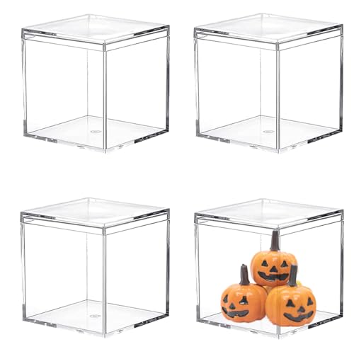 KissYou Acrylic Box with Lid Clear Display Box 4 Pieces Plastic Square Cube Jewelry Storage Contanier Wedding Graduation Party Candy Boxes - size: 2.56 x 2.56 x 2.56 Inch