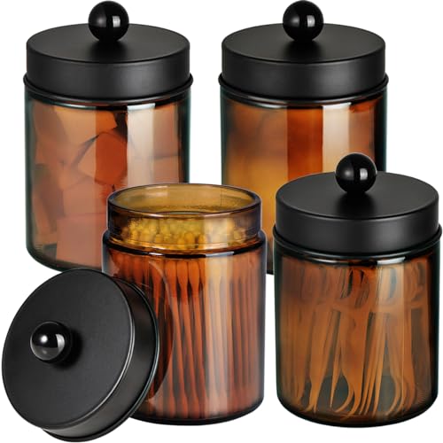 Amolliar Amber Glass Apothecary Jars Qtip Holder w/Metal Lids,Black 4pc | for Bathroom Vanity Storage, Countertop, Farmhouse Style, Holds Cotton Swabs, Dental Floss, Makeup Sponges - color: Black, size: 4 Pack