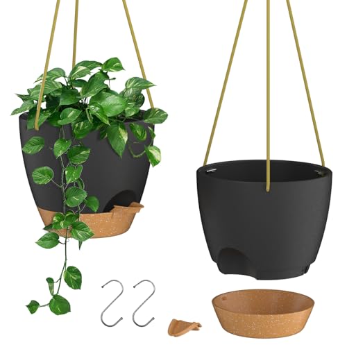 ZMTECH 10 Inch Hanging Planters for Indoor Outdoor Plants, 2 Pack Self Watering Hanging Plant Pots with Drainage Holes and Removable Saucer, Plastic Flower Hanging Pots with Watering Lip (Black) - color: Black, size: 10 Inch