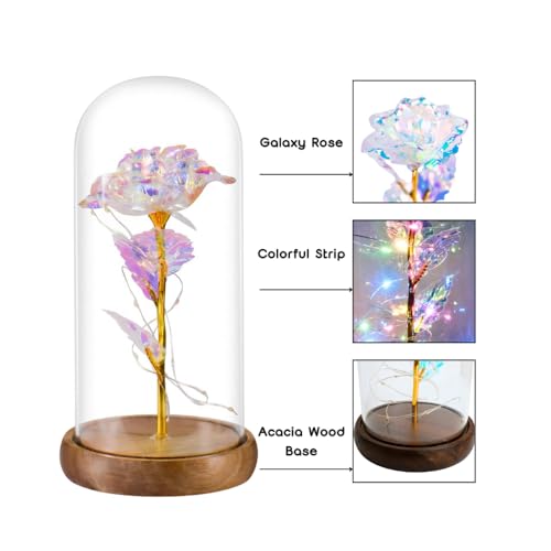 Galaxy Artificial Rose in Glass Dome - Premium Acacia Wood Base, Enchanted Eternal Flower for Home Decor, Unique Birthday Gifts for Women, Wife, Her