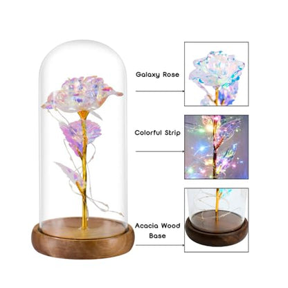 Galaxy Artificial Rose in Glass Dome - Premium Acacia Wood Base, Enchanted Eternal Flower for Home Decor, Unique Birthday Gifts for Women, Wife, Her