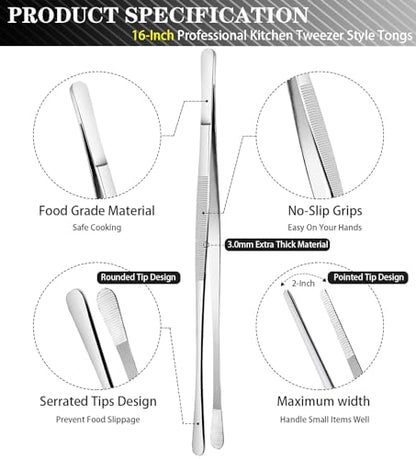 JETKONG 2 Pcs 16'' Tweezer Tongs, Extra Large Food Tweezers, Extra Long Kitchen Tweezers for Cooking Repairing and BBQ (16-Inch, Silver) - color: Silver, size: 16+16inch
