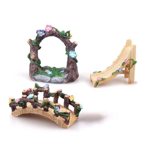Kai Dream Miniature Fairy Garden Accessories Set, 3 Piece Resin Decorative Landscape Kit with Arch, Bridge and Slide, Floral Garden Ornaments - style: Arch, Slide, Bridge Set