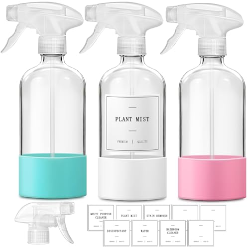 Glass Spray Bottles for Cleaning, 3 Pack Clear Empty Spray Bottle for Cleaning Solutions, 17 fl oz Reusable Spray Bottle for Plants with Silicone Boot, Cleaning Spray Containers with Labels - size: 3 Pack