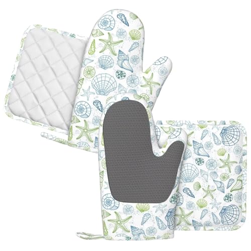 Starfish Oven Mitts and Ocean Themes Pot Holders for Heat Resistant Shells Clams Silicone Oven Mittens and Potholders Gloves Hot Pads for Kitchen Cooking Baking Grilling BBQ - color: Blue White
