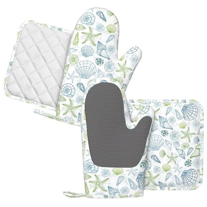 Starfish Oven Mitts and Ocean Themes Pot Holders for Heat Resistant Shells Clams Silicone Oven Mittens and Potholders Gloves Hot Pads for Kitchen Cooking Baking Grilling BBQ - color: Blue White