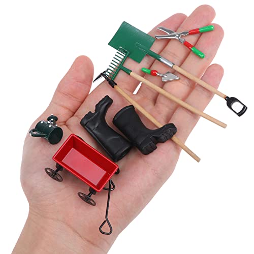 Miniature Fairy Garden Accessories Set 9 Pcs 1:12 Mini Metal Spade Pestle Kettle Wagon Rake Garden Watering Supplies Micro Landscape Ornaments Dollhouse Accessories