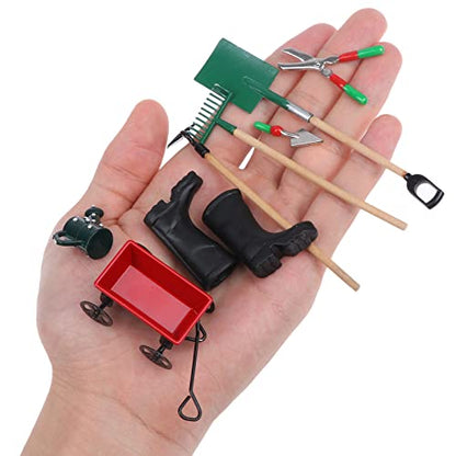 Miniature Fairy Garden Accessories Set 9 Pcs 1:12 Mini Metal Spade Pestle Kettle Wagon Rake Garden Watering Supplies Micro Landscape Ornaments Dollhouse Accessories