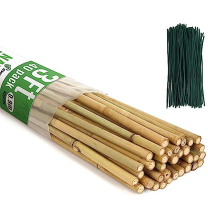 SWANGSA 40 Pack Bamboo Stakes for Plant 3 Feet,Bamboo Sticks Plant Support Garden Stakes Poles with 200pcs Twist Ties for Tomatoes, Beans, Flowers, Potted Plants, Indoor and Outdoor Climbing Plants - size: 3 Feet