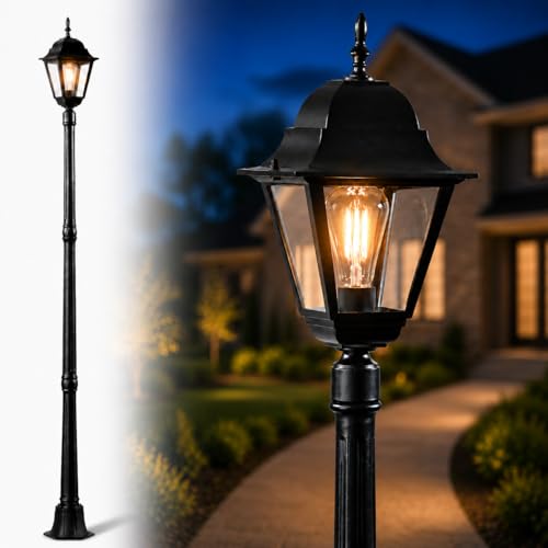 83 Inch Outdoor Lamp Post Light for Driveway, Hardwired, E26, Black | Durable aluminum frame for driveway, walkway, garden and front yard,110-120V hardwired, max 100W, clear tempered glass - color: 83" Black