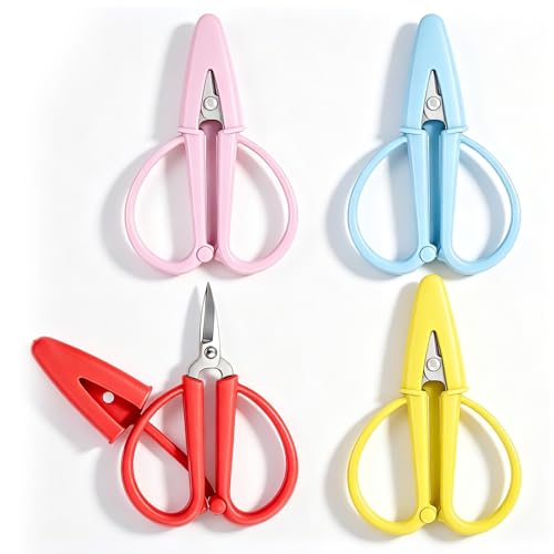 4 Pack Mini Scissors with Protective Silicone Cover, Small Travel Scissors Sharp Stainless Steel Blades for Crafts, Sewing Embroidery Needlepoint Scissors （4 Colors）
