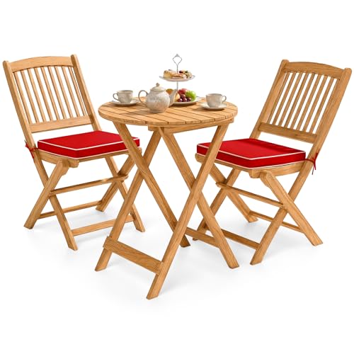GIANTEX 3 Pieces Acacia Wood Bistro Set, Outdoor Folding Table & Chairs - color: Natural & Red