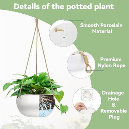 Ceramic Hanging Planters for Indoor Outdoor Plants,8 in Modern Plant Pot Round Porcelain Hanger Basket with Rope Hanging Plant Holder Drainage Flower Pot for Herbs Ferns Ivy Pothos,White