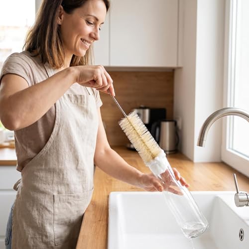 Narrow Bottle Brush Set Small Bottle Brushes Thin Long Handle Bottle Brush | 4 Pack with Natural Boar Bristle & Soft Cotton Tip, 304 Stainless Steel Handle,for Water Bottles, Test Tubes, Straws