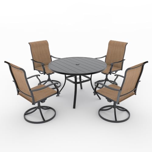 Anmutig 5 Piece Patio Dining Set, 41" Round Table & 4 Swivel Chairs, Brown | Weather-Resistant Textilene, Powder-Coated Steel Frame, Umbrella Hole, Easy Assembly, Balcony, Garden, Backyard, Poolside - color: Brown, size: Table-41"*41", style: Arm Style2