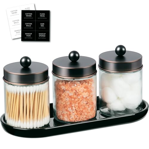 SheeChung 3 Pack Glass Apothecary Jars with Acrylic Vanity Tray | Bathroom Jars with Lids Set with for Qtip, Cotton Ball, Floss Picks - Modern Industrial Style - Bathroom Organizer (ORB) - color: Oil Bronze+SS Lid