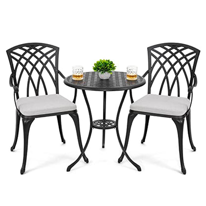 NUU GARDEN 3 Piece Bistro Table Set Cast Aluminum Outdoor Patio Furniture with Umbrella Hole and Grey Cushions for Patio Balcony, Black - color: Gray Cushion