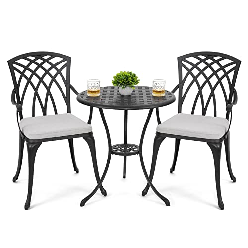 NUU GARDEN Bistro Set 3 Piece Outdoor Cast Aluminum Patio Bistro Set Patio Table and Chairs Set of 2 with Umbrella Hole and Gray Cushions, Black - color: Gray Cushion