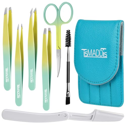 TsMADDTs 7 pcs Tweezers Set for Women Facial Hair, Precision Tweezer for Eyebrows with Curved Scissor and Eyebrow Razor for Ingrown Hair, Yellow&Green - color: Green&yellow