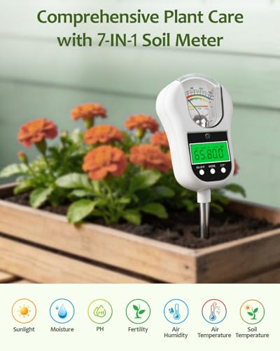 7-in-1 Soil Test Kit, Soil Moisture Meter/pH Meter/Light Intensity/Fertility/Air & Soil Hygrometer Temperature with Large Dual Display for Garden,Lawn, Farm, Indoor Outdoor Plants-Warm White | Soil Moisture Meter/pH Meter/Light Intensity/Fertility/Air & S