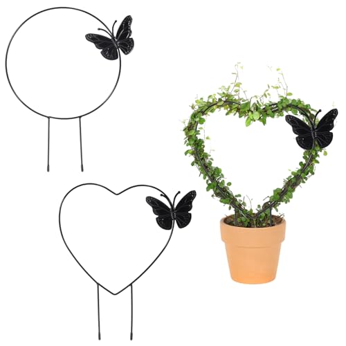 2 Pack Small Trellis for Potted Plants Indoor - Metal Houseplant Trellis with Butterfly Decor, Heart and Circle Climbing Plant Support for Vines, Ivy, Flowers - Black
