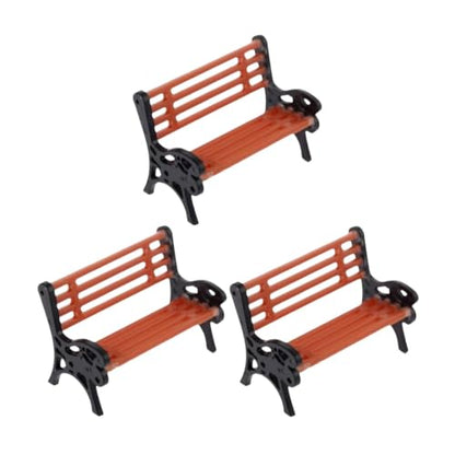 3Pcs Miniature Park Bench Set 1:24 Scale Brown Garden Seats with Realistic Detailing, Tiny Park Benches for Dollhouse and Fairy Garden Accessories, Train Platform and Miniature Landscape