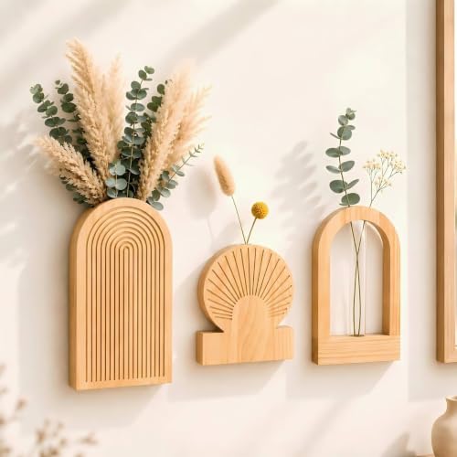 Wooden Wall Vases Set of 3, Wall Planters with Glass Tube Kit | Natural pine wood, 3 wall vases, 2 slim glass tubes, screws and anchors, for entryway, hallway, living room - color: Natural