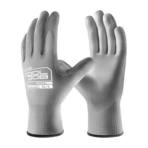 COOLJOB 12/60 Pairs Safety Work Gloves Pack Bulk with Grip PU Coating - color: Grey, size: Small (Pack of 12)