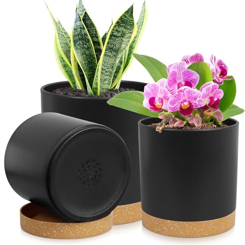 WSMKSZ 3 Pack 6/5/4 inch Cylindrical Flower Pots, Modern Small Round Plastic Plant Pots with Drainage Holes & Saucers, Clean and Refined Planter Pots for Outdoor, Indoor & Office Decor (Black Brown) - color: Black With Brown, size: 6+5+4 inch