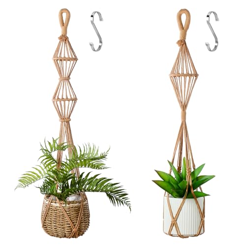 Hourglass Floating Macrame Plant Hangers 2 Pack Handmade Cotton Rope Hanging Planters Basket with S Hooks, Diamond Openwork Boho Home Decor for Indoor Outdoor, Plants Holder 35" & 39” (Caramel) - color: Caramel