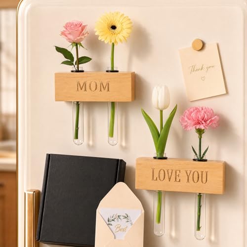 4-Piece Magnetic Wooden Vases - Magnetic Wood Blocks with Test Tubes for Refrigerator & Locker Decor | All-in-One Floral Gift Set with Greeting Card for Mom & Teachers (MOM&Love Oak) - color: Mom&love Oak