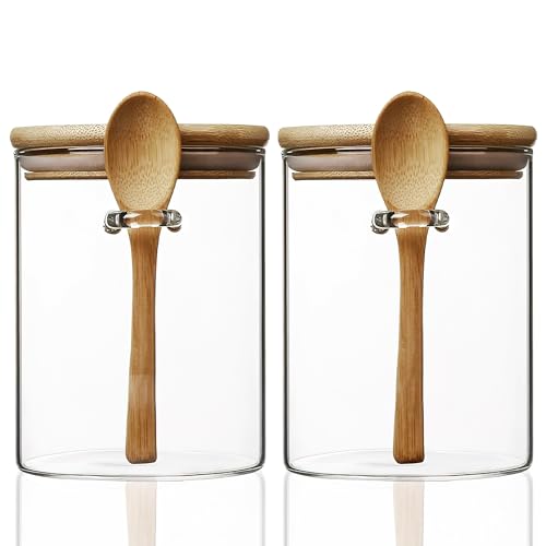2 Pack Glass Storage Canister with with Airtight Lid, 15 oz/450 ml Small Clear Decorative Container Jar with Wooden Spoon for Coffee Spice Candy Salt Cookie Sugar Matcha Tea Overnight Oats - color: 15 oz/450 ml | 2pcs