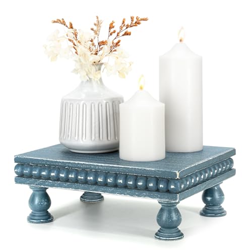 EOSAHR Wood Riser with Beaded: Pedestal Stand for Bathroom Decor, Blue | Pine Wood, Mini Display Stand for Jewelry, Perfume Stand, Home Decor Accents, Blue Kitchen Decor, Ideal for Bathroom Counter - color: Blue