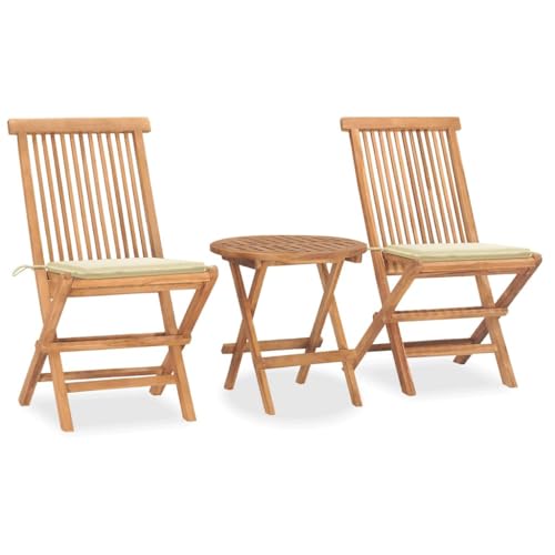 3-Piece Folding Teak Patio Dining Set with Cream Cushions, Solid Hardwood Wooden Bistro Set for Outdoor Garden, Terrace and Balcony, Includes 1 Round Table and 2 Chairs, No Assembly - color: Cream