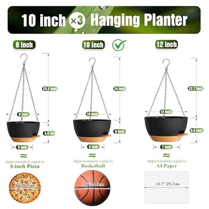 10 Inch Self-Watering Hanging Planters Set of 3 with Saucers - color: Black Brown, size: 10 Inch 3 Pack