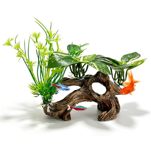 Fish Tank Decor, Artificial Driftwood Cave with Silk Aquarium Plants | Realistic Hideout Ornament for Betta, Small Fish – Aquascaping Accessory with Natural Look, Safe for Freshwater Tanks