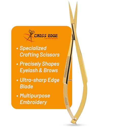 Cross Edge 5 Inch Straight Tip Spring Scissors, Gold | Stainless steel micro-tip scissors for eyebrow & eyelash trimming, embroidery, knitting, thread snipping & crafts - color: Cec-ss-02
