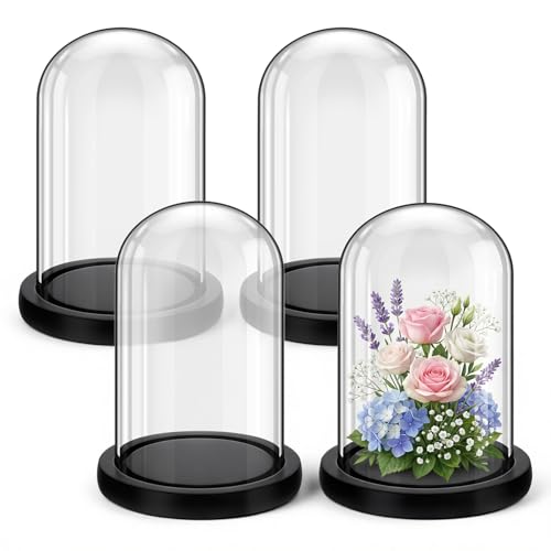 Suclain 4Pc Glass Dome Cloche with Wood Base, Black, 5.9" X 3.8" - color: Black, size: 5.9" X 3.8"