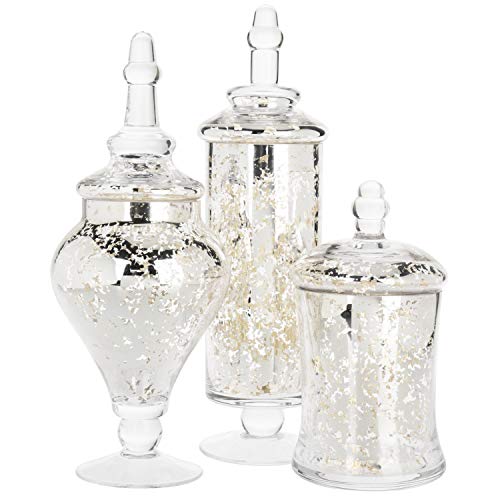 MyGift Set of 3 Silver Mercury Glass Apothecary Jars Candy Buffet | Elegant Mercury Finish, Wedding Décor, Candy Display, Party Entertaining, Glamorous Table Accent - color: Silver