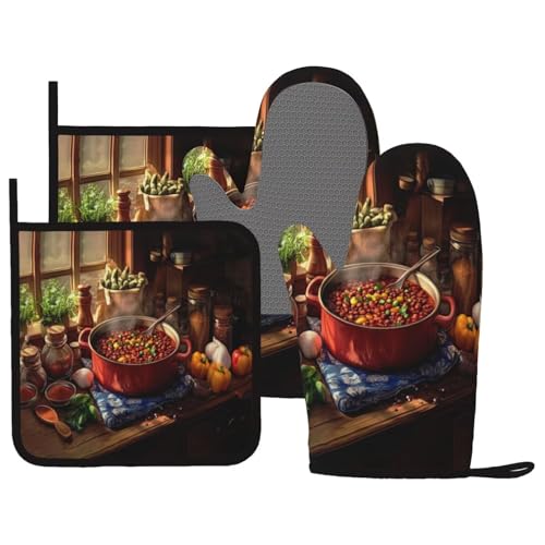 Herbs Spices Seasonings Oven Mitts and Pot Holders for Heat Resistant Silicone Various Herbs and Spices Oven Mittens and Potholders Gloves Hot Pads for Kitchen Cooking Baking Grilling BBQ - color: Brown