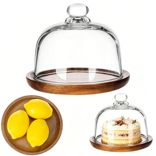 6 Inch Wooden Base Small Cake Display Stand with Glass Dome,Cloche Clear Glass Bell Jar Cover for Dessert Cheese Candy Plants Succulents（for Sizes up to 4.5 "） - color: 6 Inch （for Sizes Up to 4.5 "）