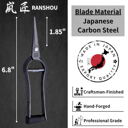 Bonsai Trimming Scissors 6.8" Made in JAPAN, Garden Plant Trimming Shears, Hand Forged Japanese Carbon Steel Blade, Spring Loaded Handle, Black