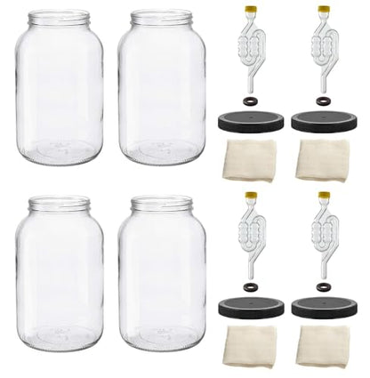 North Mountain Supply 1 Gallon Glass Wide Mouth Jar With Drilled Black Plastic Lid, 6 Bubble, & Cheesecloth - Set of 4 - USDA Approved, BPA-Free, Dishwasher Safe For Fermenting