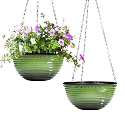 10 Inch Hanging Planter, Glazed Hanging Baskets for Indoor Outdoor Plants | Hanging Plant Pots with Drainage Hole & Plug, Hanging Plant Holder, Hanging Flower Pots for Garden Home, 2 Pack, Green - color: Green, size: 10inch